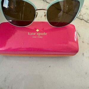 kate spade mint blue green frame sunglasses with brown lenses and pink case